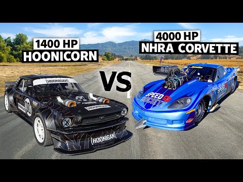 4,000HP NHRA Corvette C6 vs Ken Block's 1,400HP AWD Mustang // Hoonicorn vs The World 2