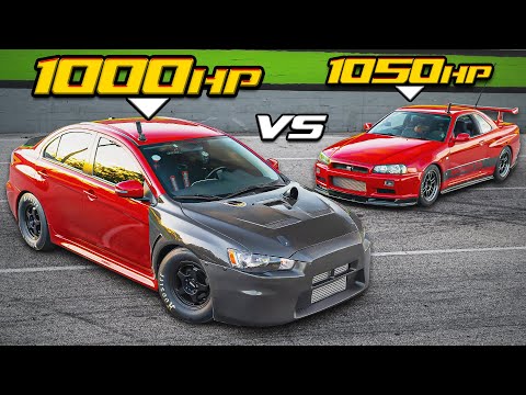1000HP EVO X VS 1050HP Skyline R34 - JDM RIVALS! (4B11T VS RB30 ...