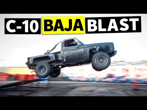 From Baja to Big Sends! Chevy C-10 soars over and smokes our Yard!