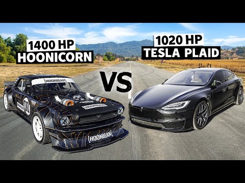 Tesla Model S Plaid vs Ken Block's 1400hp AWD Mustang // Hoonicorn vs The World 2