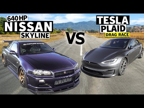 700hp R34 Nissan Skyline GT-R vs Tesla Model S Plaid // THIS vs PLAID