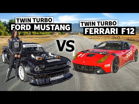 FORD vs FERRARI! DDE's Twin Turbo F12 vs Ken Block's 1400hp AWD Mustang // Hoonicorn vs The World 2