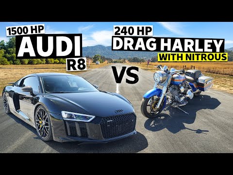 1,500hp Audi R8 Races a 240hp Harley Drag Bike… With Nitrous! // This vs. That