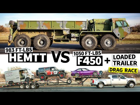 68,000lb Drag Race!? 8x8 HEMTT Races our Ford F-350… Towing THREE Cars // This vs. That