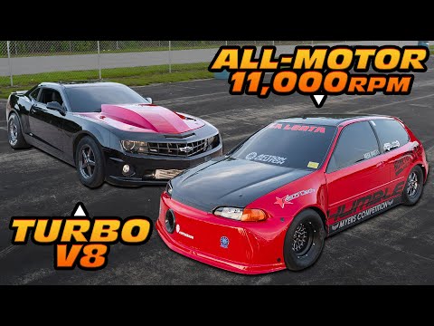 All Motor FWD Honda Civic SCREAMS 11,000RPM VS Turbo Camaro (NO PREP RACE)